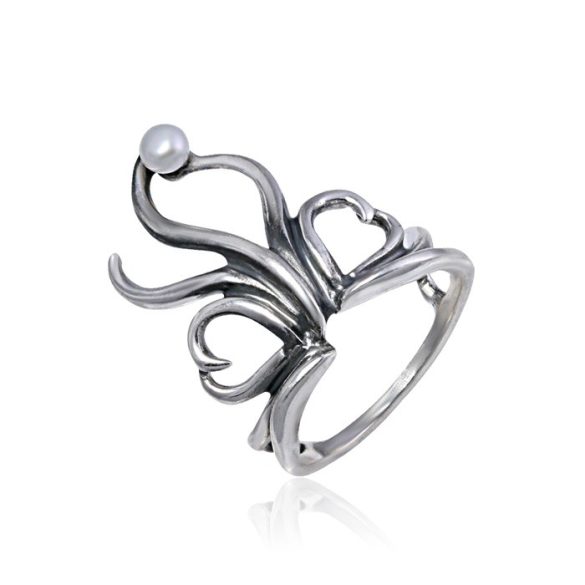 Ezüst Athina Gyűrű – oxidált szívek hullámvonalakkal, gyönggyel