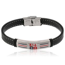 Nemesacél Karkötő Bőrszíjjal—Piros-Fekete-Fehér I.