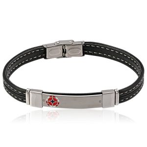 Nemesacél Karkötő Bőrszíjjal—Piros-Fekete-Fehér II.